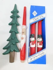 4 Vintage Decorative Christmas Taper Candles Tree Santa Snowman  10"  C9983