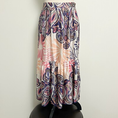 BASH BA&SH Janel Pink Purple Boho Print Lightweight Pleated Satin Midi Skirt