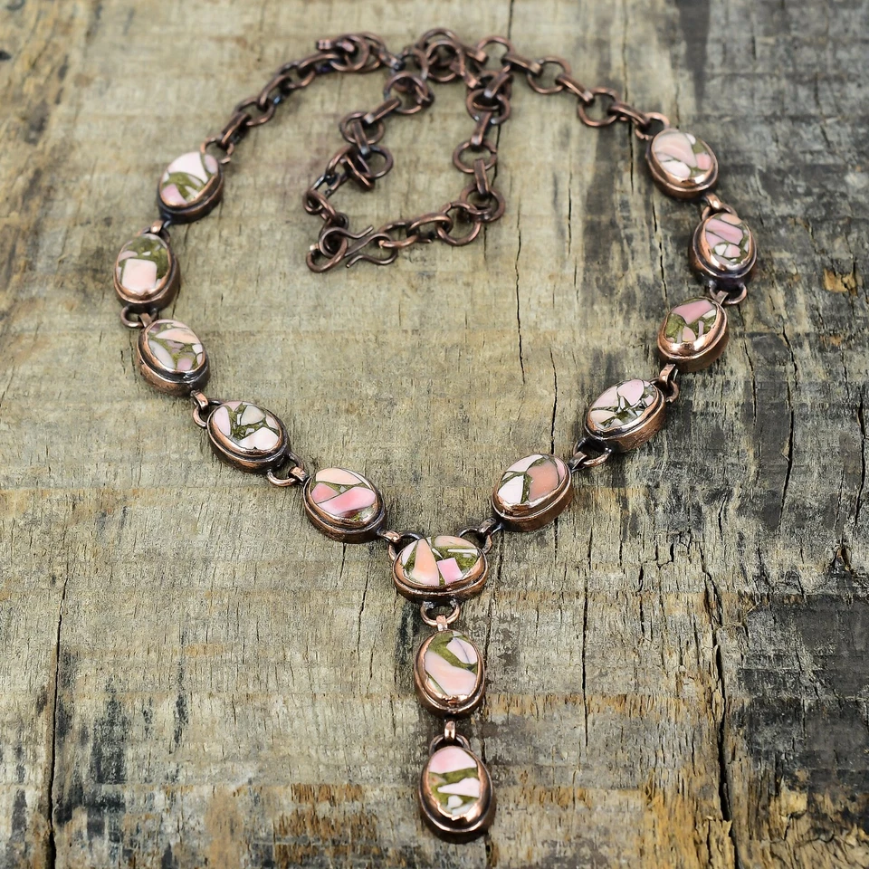 Collar Ovalado Cobre Rosa Ópalo Piedras Preciosas Cadena Electroformado Esposa Joyería Cobre Foto 2 de 4