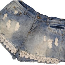 En Creme Shorts Womens Medium Distressed Lace-Trim Denim Jean High Waist Cut Off
