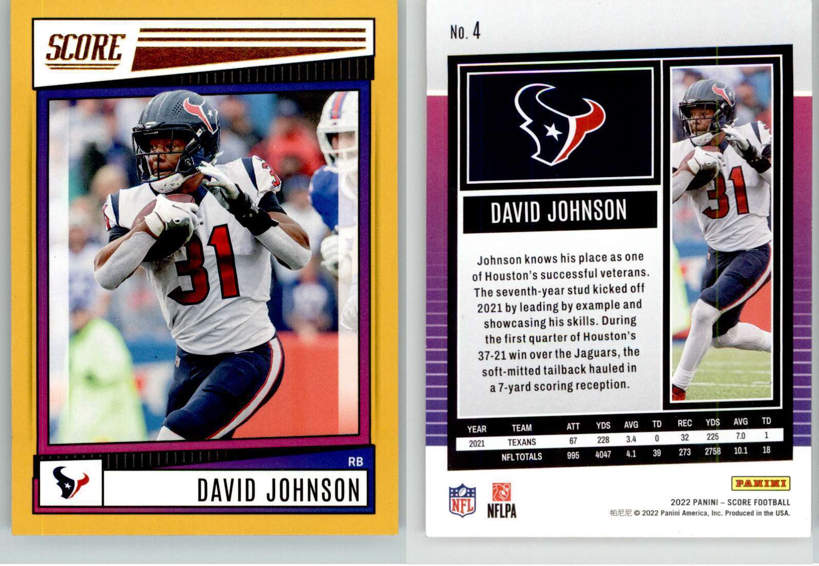 David Johnson 2022 Score Gold #4 Texans