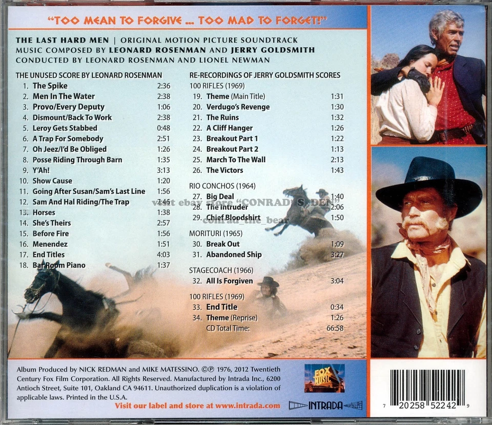 Jerry Goldsmith Leonard Rosenman "THE LAST HARD MEN" rejected score CD SEALED - Image 2 of 2