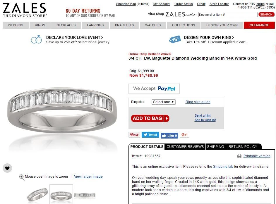 1 999 Zales 14K White Gold 0.75ct Baguette Diamond Wedding Band Ring Size 6.25