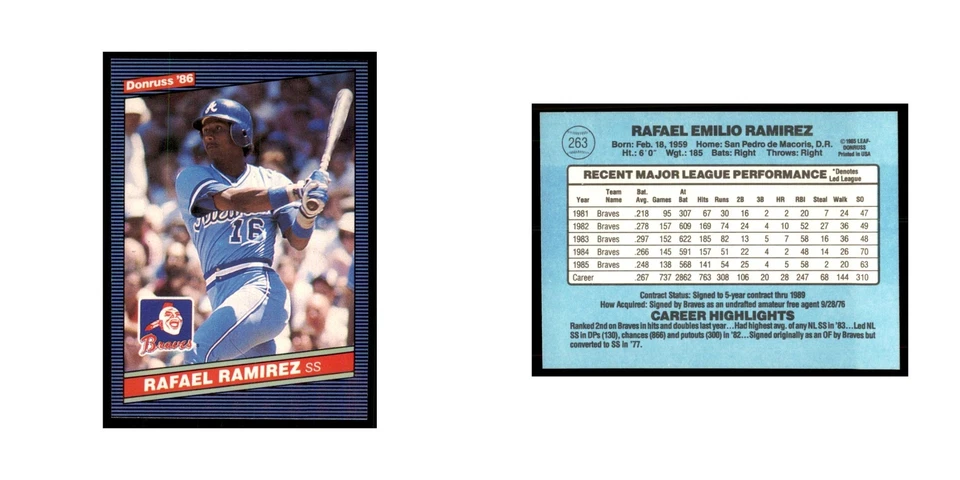 1986 Donruss Rafael Ramirez Braves #263 - Image 3 of 3