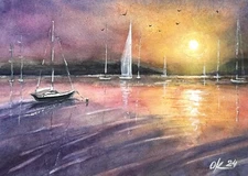 Original watercolor painting Sea scape sunset river  a boat sea sunset  regaty