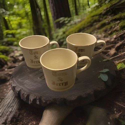 Tom and Jerry - 3 Vintage Coffee Mug Cup - Gold Rim w Handle HALL USA