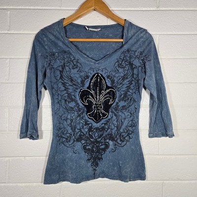 Vtg Y2K Blue Acid Wash Fleur De Lis Rhinestone Top Medium Goth Emo Grunge Artsy