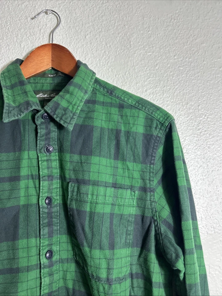 Eddie Bauer Slim Fit Flannel Shirt Green Plaid Cotton Long Sleeve Mens Large - Image 4 of 4