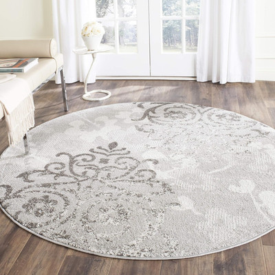 8Ft Round Area Rug Silver Ivory Floral Damask Distressed Non Shedding Decor Home