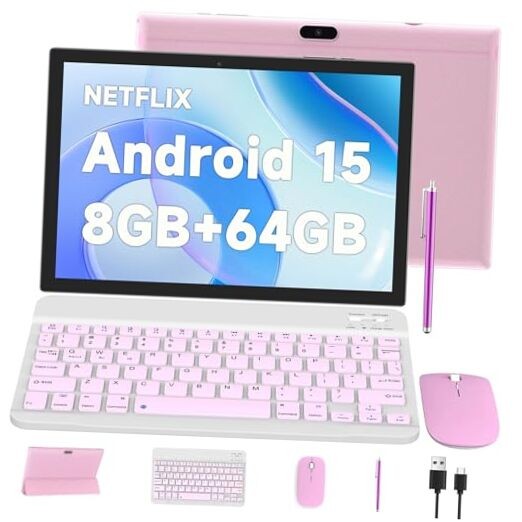 10 Inch Android 15 Tablet, 2 in 1 Tablets with Keyboard/ Mouse