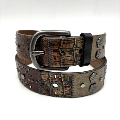 Vintage 00s Y2K Fossil Studs Grommet Mixed Media Patchwork Leather Belt M 33-37\