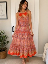 Talbots Orange Paisley Sleeveless Midi Dress Size 2 Boho Floral