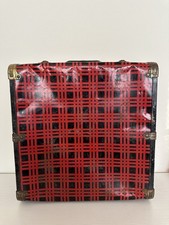 Vintage Metal Doll Suitcase Red Black Tartan Plaid Toy Case Trunk Litho 1950s
