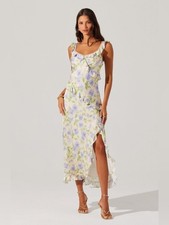 ASTR The Label Rosalina Satin Floral Midi Dress Size Medium Cream Lavender New