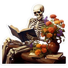 Skeleton Reading Book with Flowers - Vinyl Decal Sticker - 1933