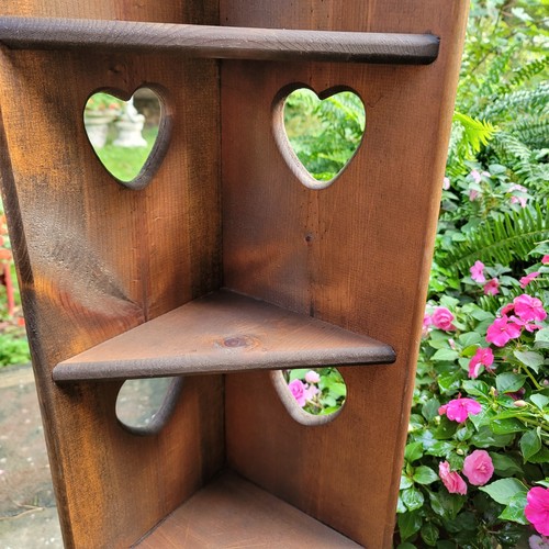 Vintage Handmade Wood Standing Corner Shelf W/ Hearts,4 Shelf, Dark Stain, Pine - Picture 7 of 24