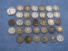 32 SILVER MERCURY DIMES + 1958 QUARTER WORN AND/ OR  DAMAGED OVER 2 0Z. SILVER