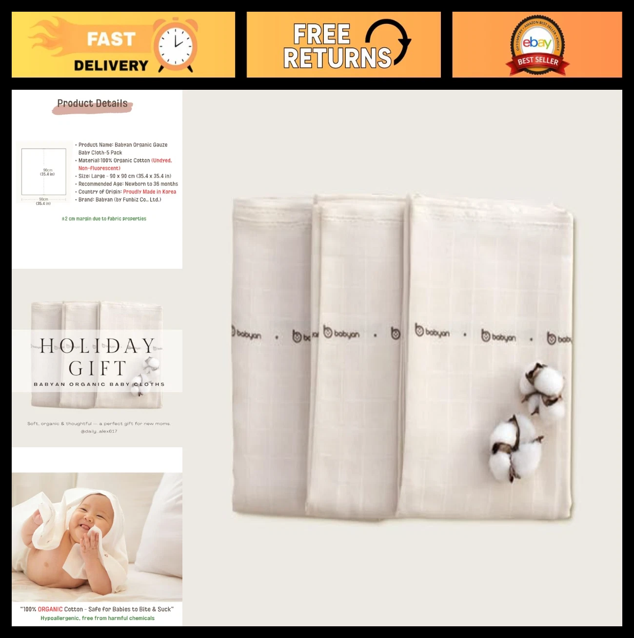 Organic Baby Burp Cloths 5 Pack - Large Gauze Muslin Washcloths, Eco-Friendly Co