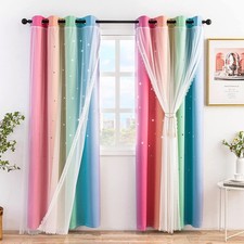 Blackout Curtains 2 Panels, Star Cutout Ombre Stripe Rainbow Curtains Light B...