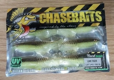 ChaseBait Flacid Shad Lime Tiger 4.25'' FSH5-106 Unique Ribbon Tail Action Sented