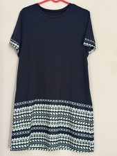 Navy Geometric Shift Dress Short Sleeve Knee Length Round Neck Patterned Hem