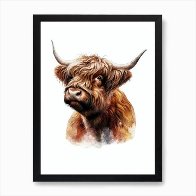 Niedliche Hochlandkuh Aquarell Gemälde gerahmtes Wandbild Poster Leinwanddruck Bild
