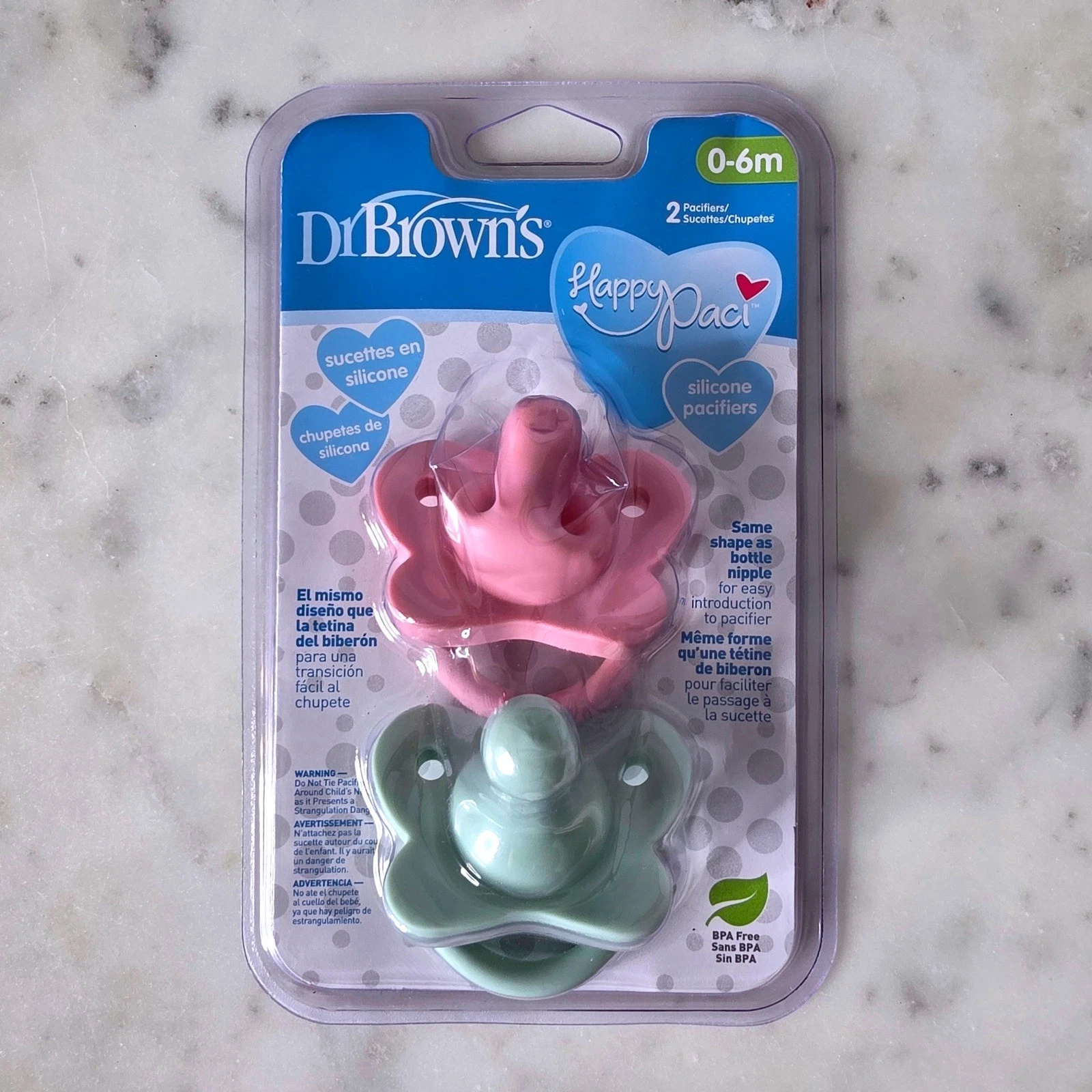 Dr. Brown's HappyPaci Silicone Pacifiers 0-6m 2-Pack Pink Green Baby Infant