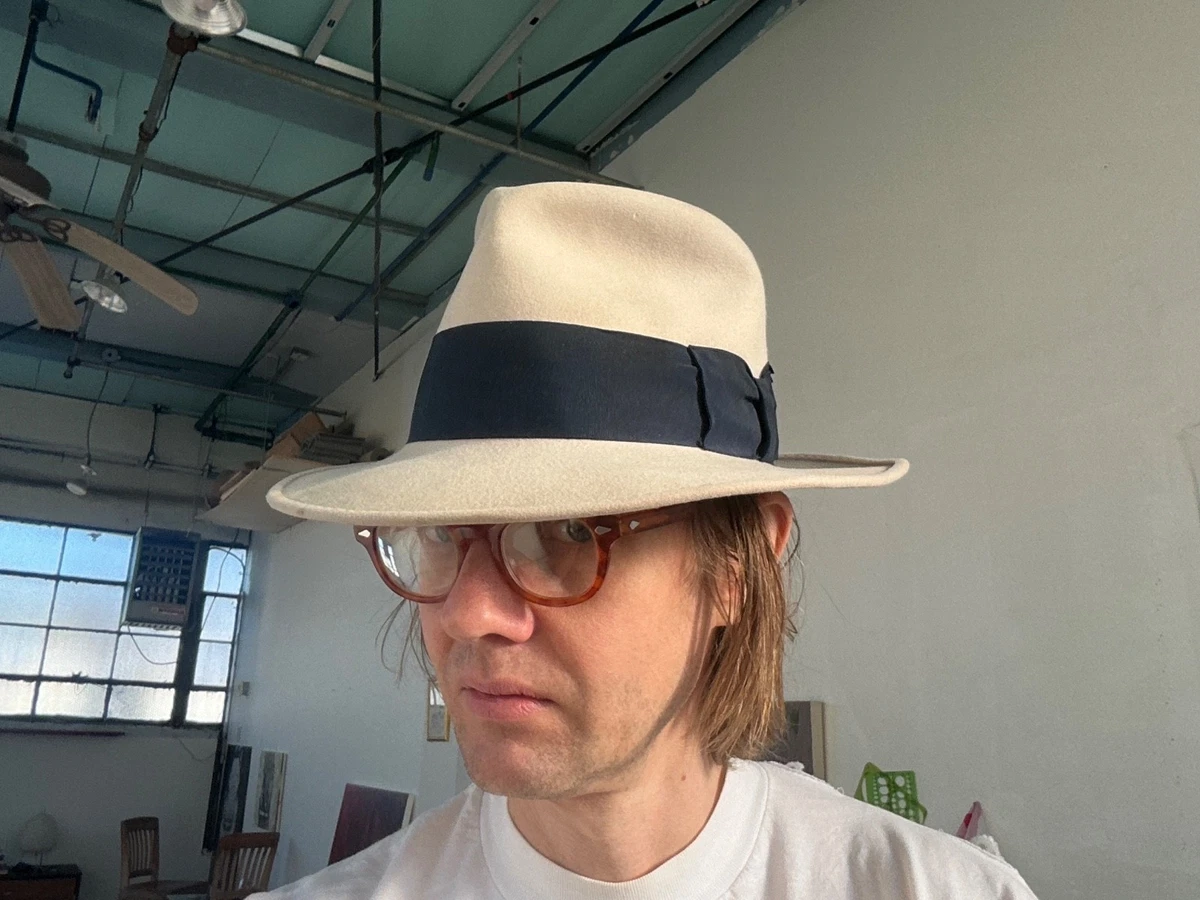 Sombrero Fedora de fieltro de piel vintage blanco talla 7-1/8