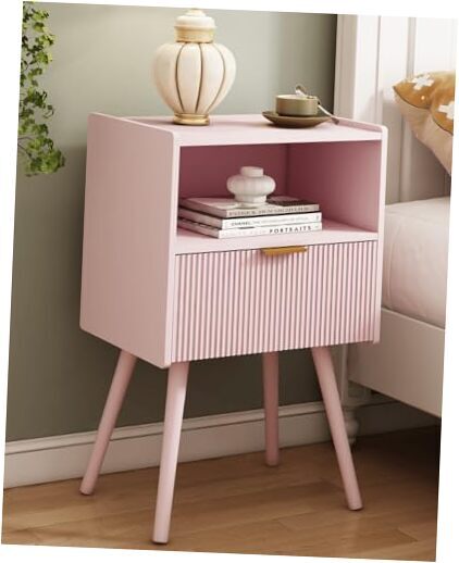 Nightstand,Modern Bedside Table with Storage Drawer and Open Wood Shelf, Pink-image