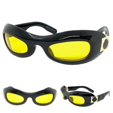 Unique Modern Retro Party Raver Club SUN GLASSES Funky Black Frame Yellow Lens
