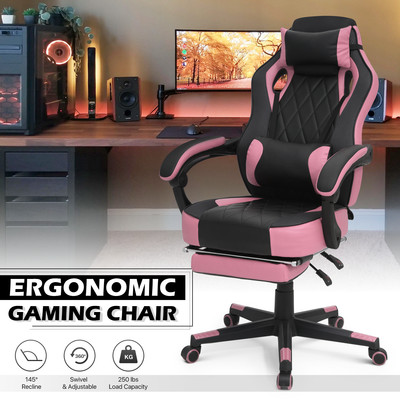 Pink Leather Racing Gaming Reclinable Chair Home Computer Swivel Seat w/Footrest
