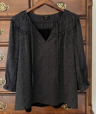 Current Air Blouse smocked embossed floral gray medium M  neck tie relaxed fit