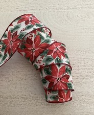 5 YARDS CHRISTMAS POINSETTIA PRINT WIRED RIBBON 2.5" WIDE