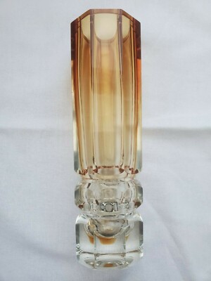 Vintage Tschechisch Böhmisch Facettiert Bernstein Kristall Glas Vase Pravec Museumsqualität