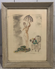 Gerahmtes Aquarell Signiert Von DUFAU: Frau Mit Regenschirm Blumen Art Deco