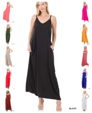Women Spaghetti Strap V-Neck CAMI MAXI DRESS WITH SIDE POCKETS Flowing Long S-XL