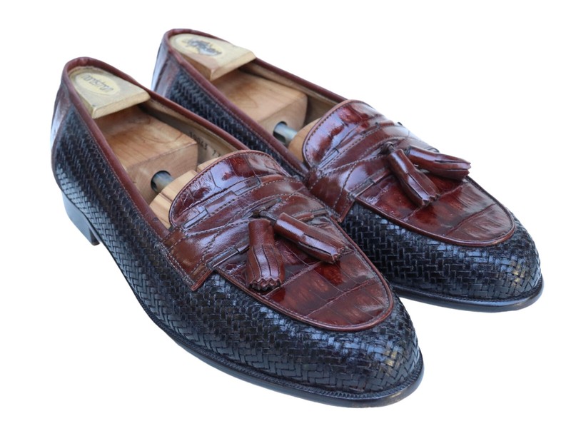 New Belvedere Florence Brown Black Genuine Crocodile Woven Tassel Loafer Shoe 13