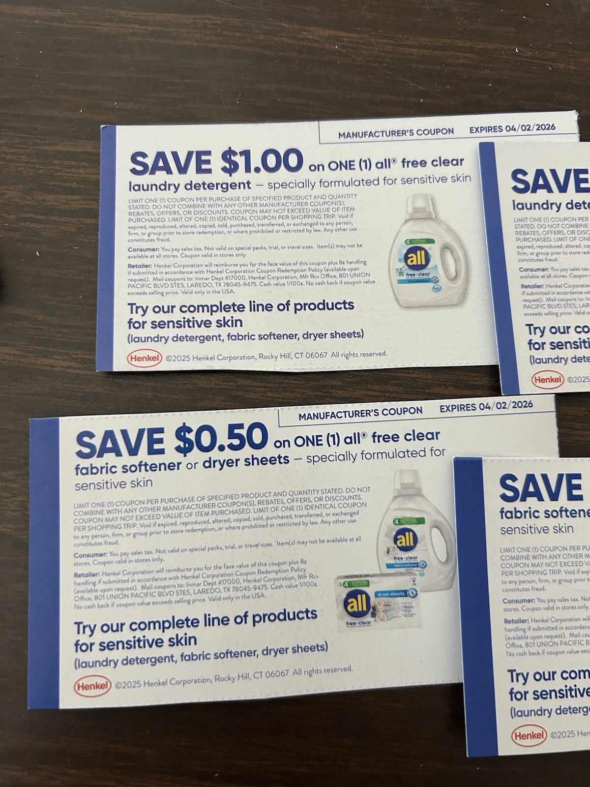 $6 Value: Lot of 8 All Clear Laundry Detergent And Softener Coupons Exp 4/2/2026