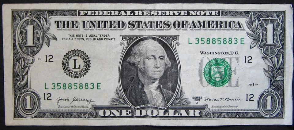 2017A $1 (ONE DOLLAR) - NOTE - FANCY SERIAL NUMBER - TRINARY, "3 588 588 3" - Image 2 of 3