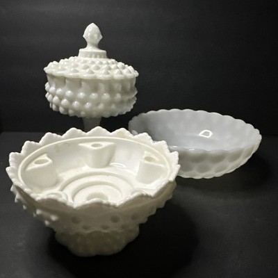 RARE set of 3 opal glass items with a hobnail pattern, manufactured by Fento#R15