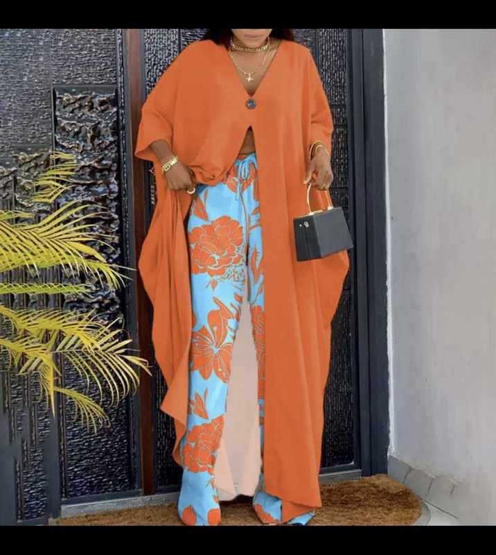 Women's 2-Piece Outfit Set Kimono & Wide-Leg Pants Floral Orange/Blue One Size