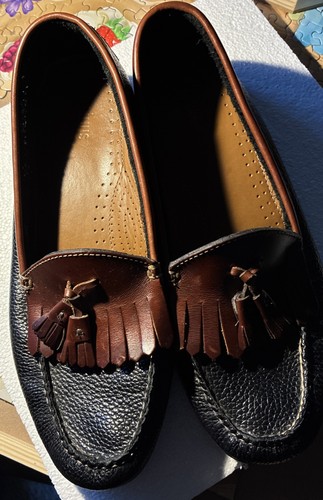 Bass Weejuns 9.5D TwoTone Black Brown Leather Shoes Loafers Tassels Calhoun