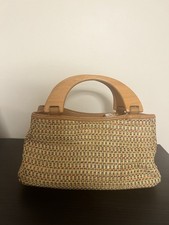 Vintage Fossil Woven Straw Tote Purse   Wood Handles   Boho Summer Bag