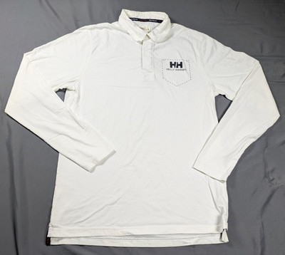 Helly Hansen Polo Shirt Mens M White Long Sleeve Sailing Nautical Yachting Ski