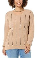 Nina Leonard Women's Sequin-Accented Ribbed Knit Sweater Tunic Tan