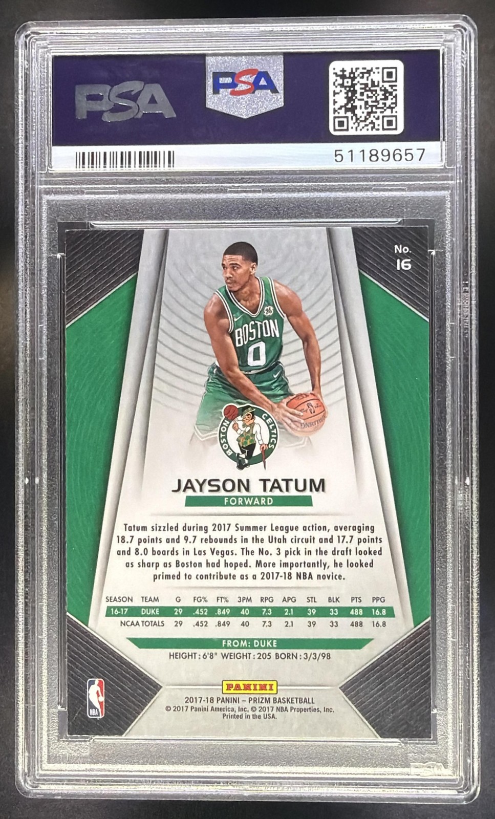 2017-18 Panini Prizm Jayson Tatum #16 RC Celtics PSA 9 view 2