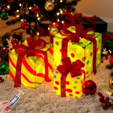 Set of 3 Christmas Lighted Gift Boxes Holiday Light Up Presents with Remote C...