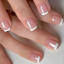 24pcs Oval Short Press-On Nails, Classic White French, Glossy Finish