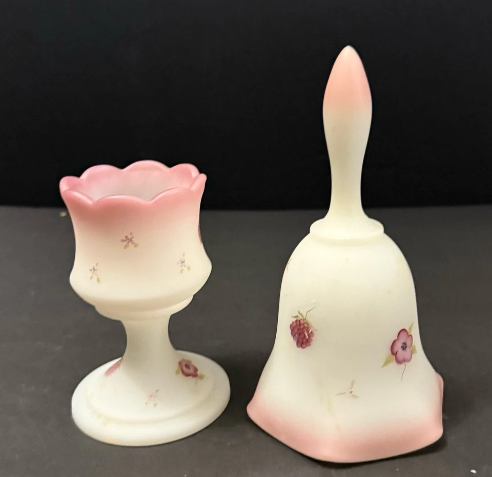 Vintage Fenton Bell & Candleholder Pink Flowers & Raspberries Ombre Satin Signed - Image 2 of 4