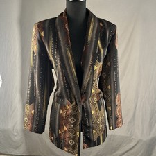 Jonathan Logan Women s Geometric Blazer Made In USA 60/70s Brown/Gold 3/4 Sleeve